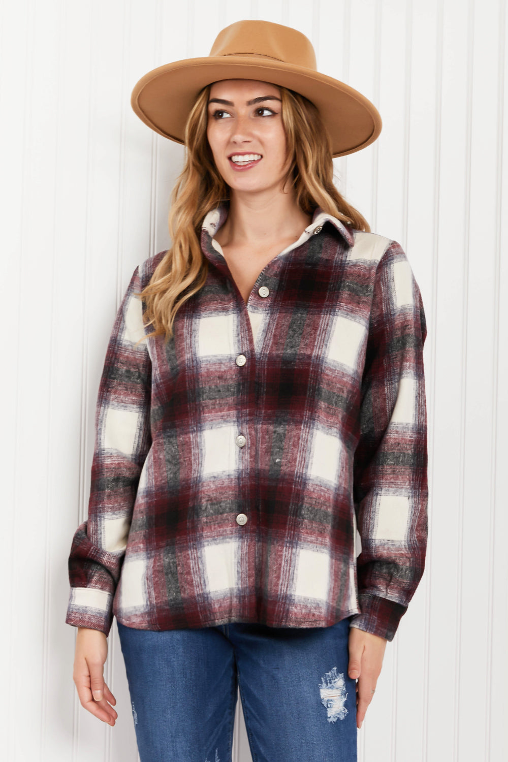 Vermont Weekend Plaid Yarn Dyed Shacket in vibrant colors with button closure and collared neck, perfect for colder weather.