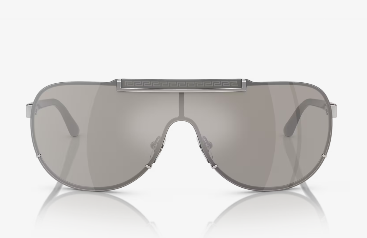 VERSACE Pilot Sunglasses VE2140 with silver metal frame and light grey mirror lenses, showcasing a stylish and elegant design.