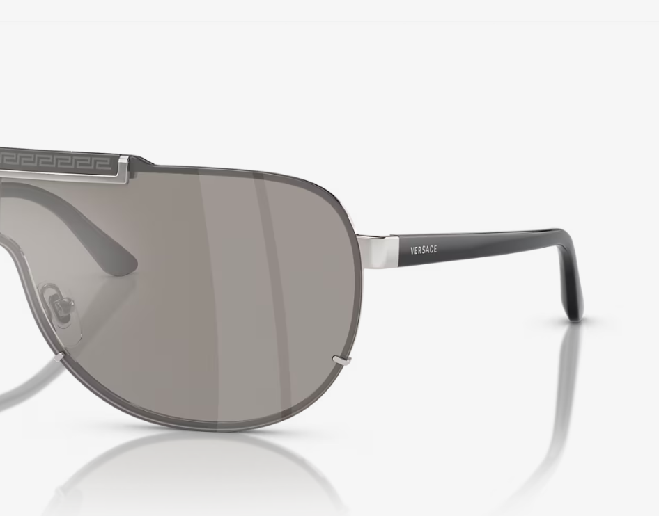 VERSACE Pilot Sunglasses VE2140 with silver metal frame and light grey mirror lenses, showcasing a stylish and elegant design.