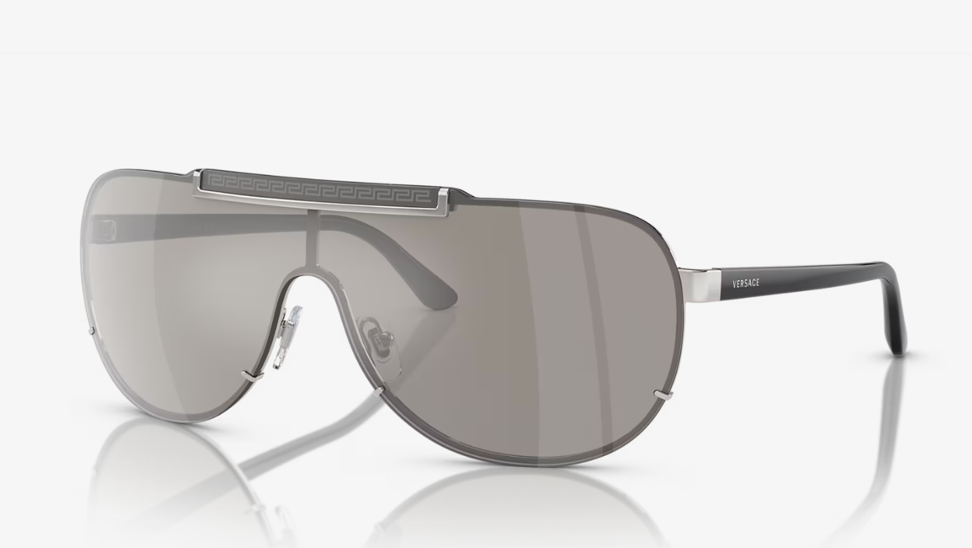 VERSACE Pilot Sunglasses VE2140 with silver metal frame and light grey mirror lenses, showcasing a stylish and elegant design.