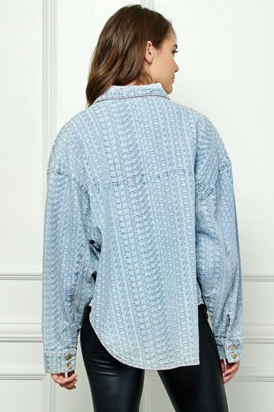 Veveret Button Up Dropped Shoulder Denim Top featuring a relaxed fit and button-up design, perfect for casual styling.