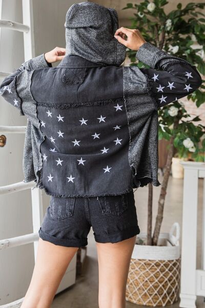 Veveret Star Embroidered Hooded Denim Jacket featuring playful star embroidery and a stylish hood, made from durable denim.