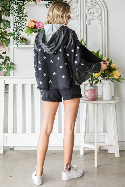 Veveret Star Embroidered Hooded Denim Jacket featuring playful star embroidery and a stylish hood, made from durable denim.