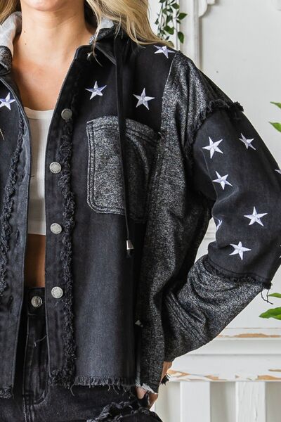 Veveret Star Embroidered Hooded Denim Jacket featuring playful star embroidery and a stylish hood, made from durable denim.