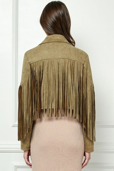 Veveret Suede Fringe Long Sleeve Moto Jacket featuring luxurious suede fabric and playful fringe details, perfect for edgy and boho styles.