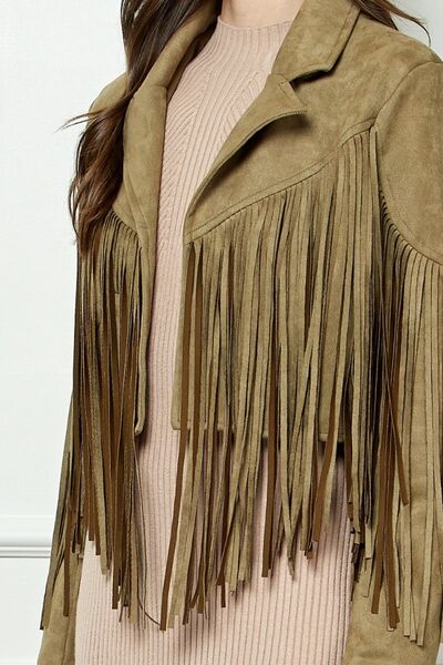 Veveret Suede Fringe Long Sleeve Moto Jacket featuring luxurious suede fabric and playful fringe details, perfect for edgy and boho styles.