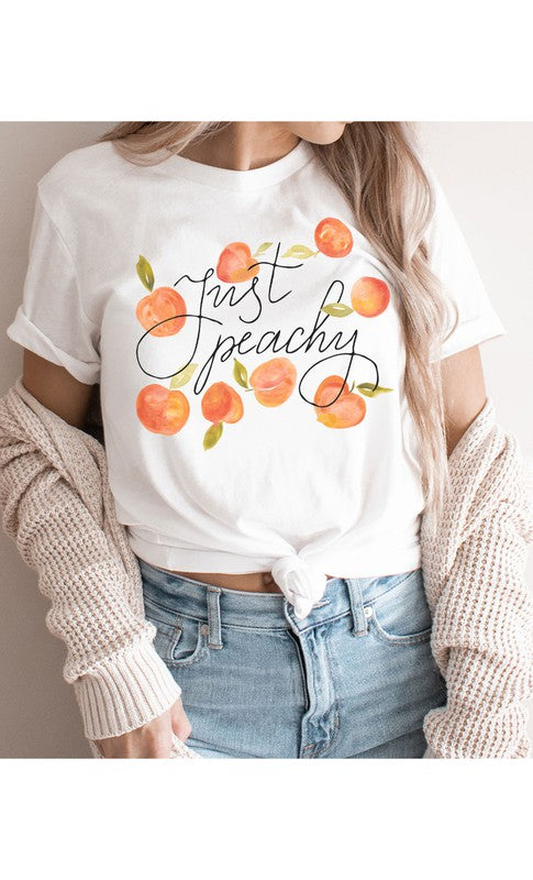 A stylish Vintage Just Peachy Graphic Tee PLUS featuring a retro graphic design in soft fabric, perfect for casual wear.