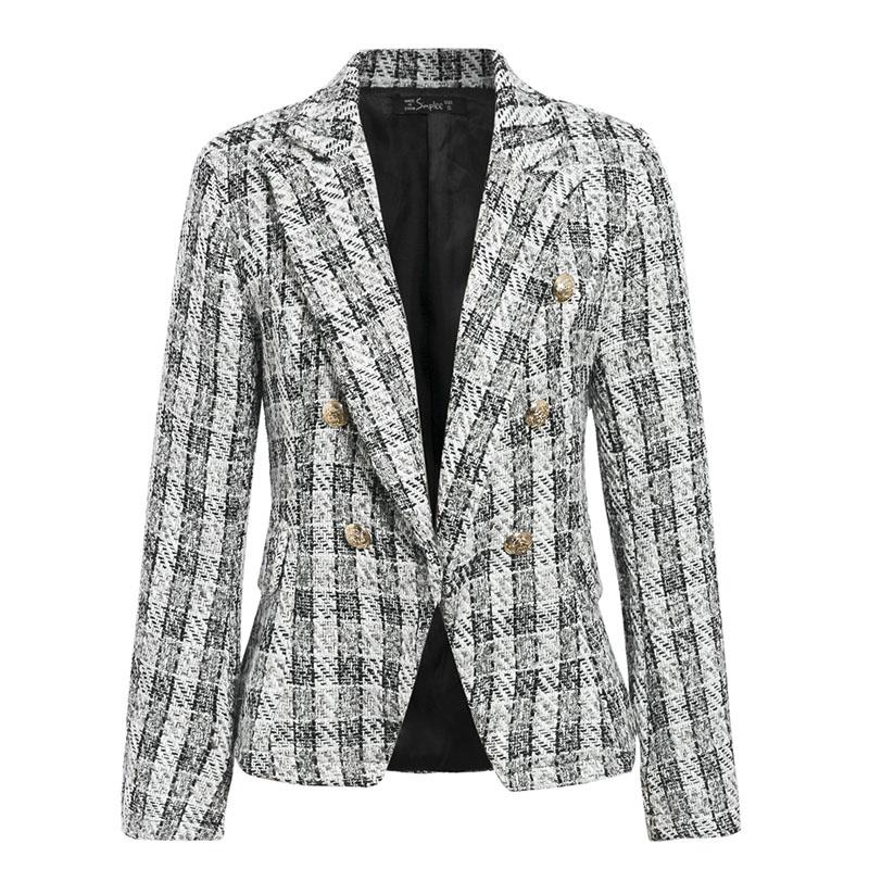 A stylish vintage tweed plaid blazer for women featuring a double-breasted design and elegant buttons, perfect for office wear.