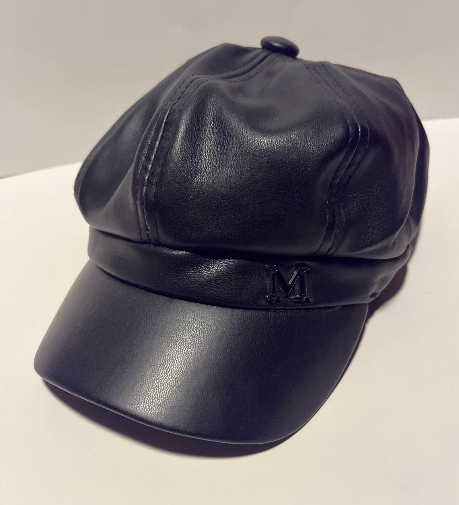 Vintage Women's Cap Hat in brown PU leather with 'M' sign, perfect for autumn and winter fashion.