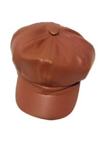 Vintage Women's Cap with M sign, brown PU leather beret, stylish autumn winter accessory.