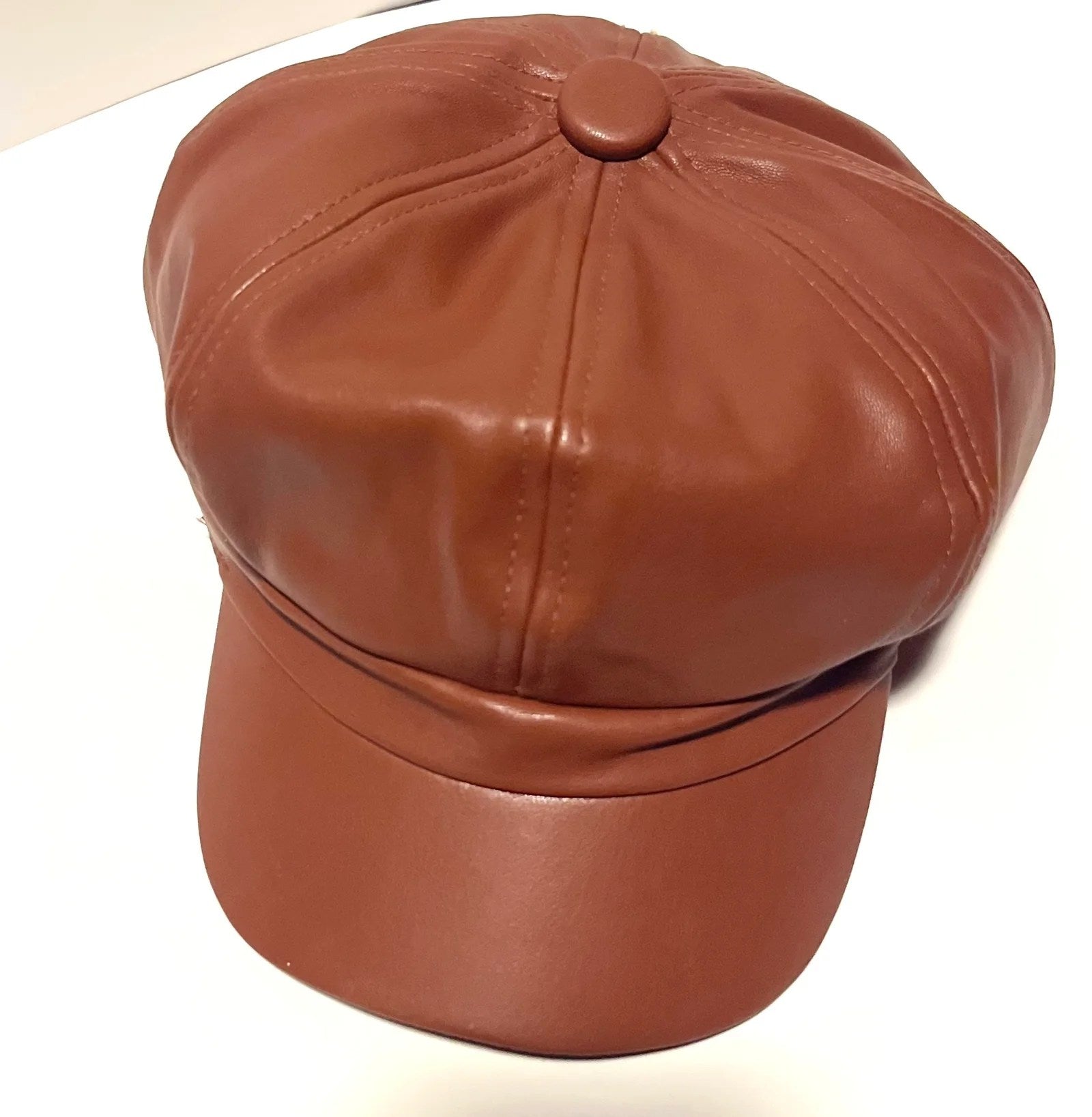 Vintage Women's Cap with M sign, brown PU leather beret, stylish autumn winter accessory.