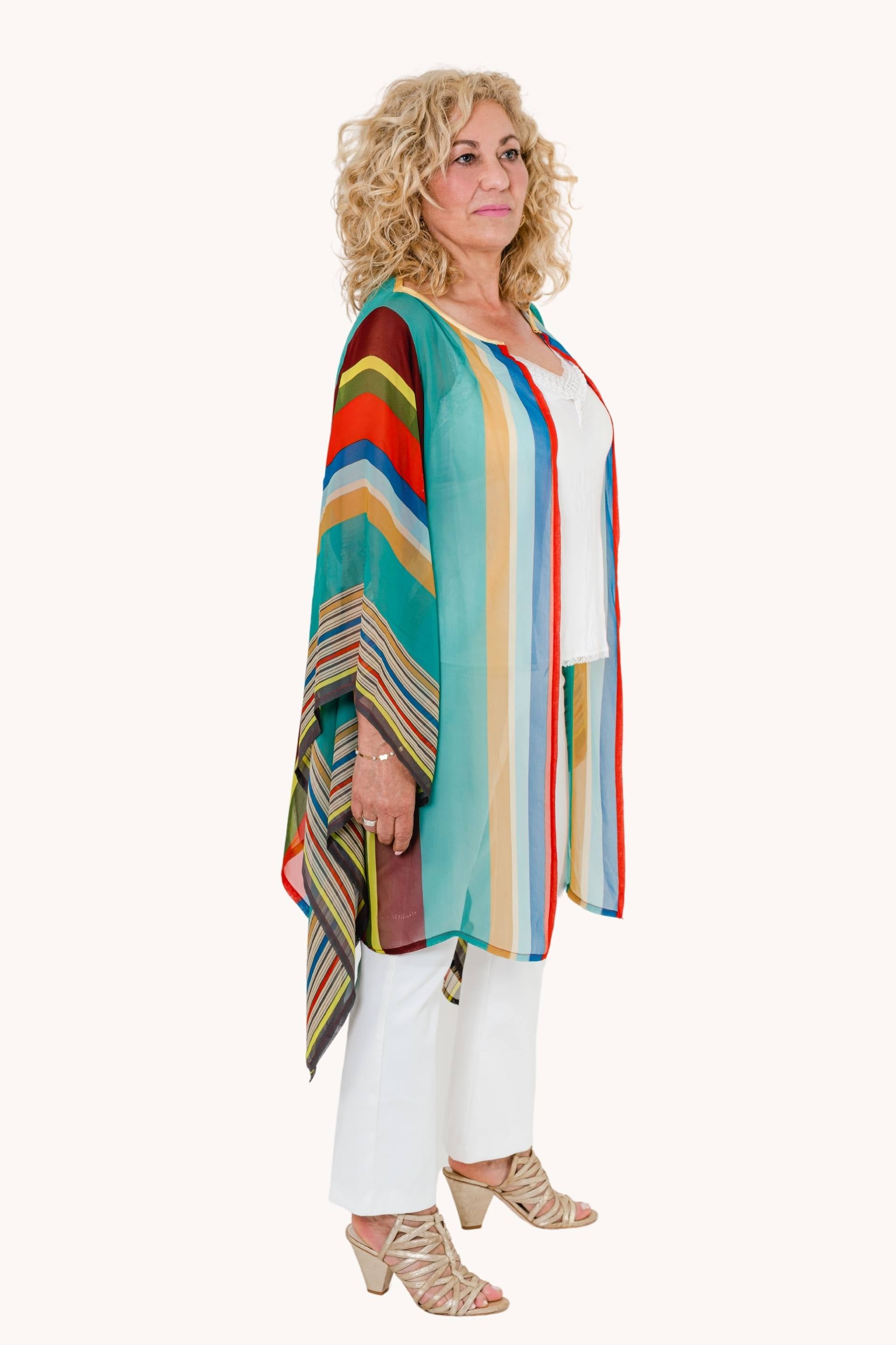 Elegant Vipera chiffon kimono featuring a stylish striped pattern, perfect for layering and versatile occasions.