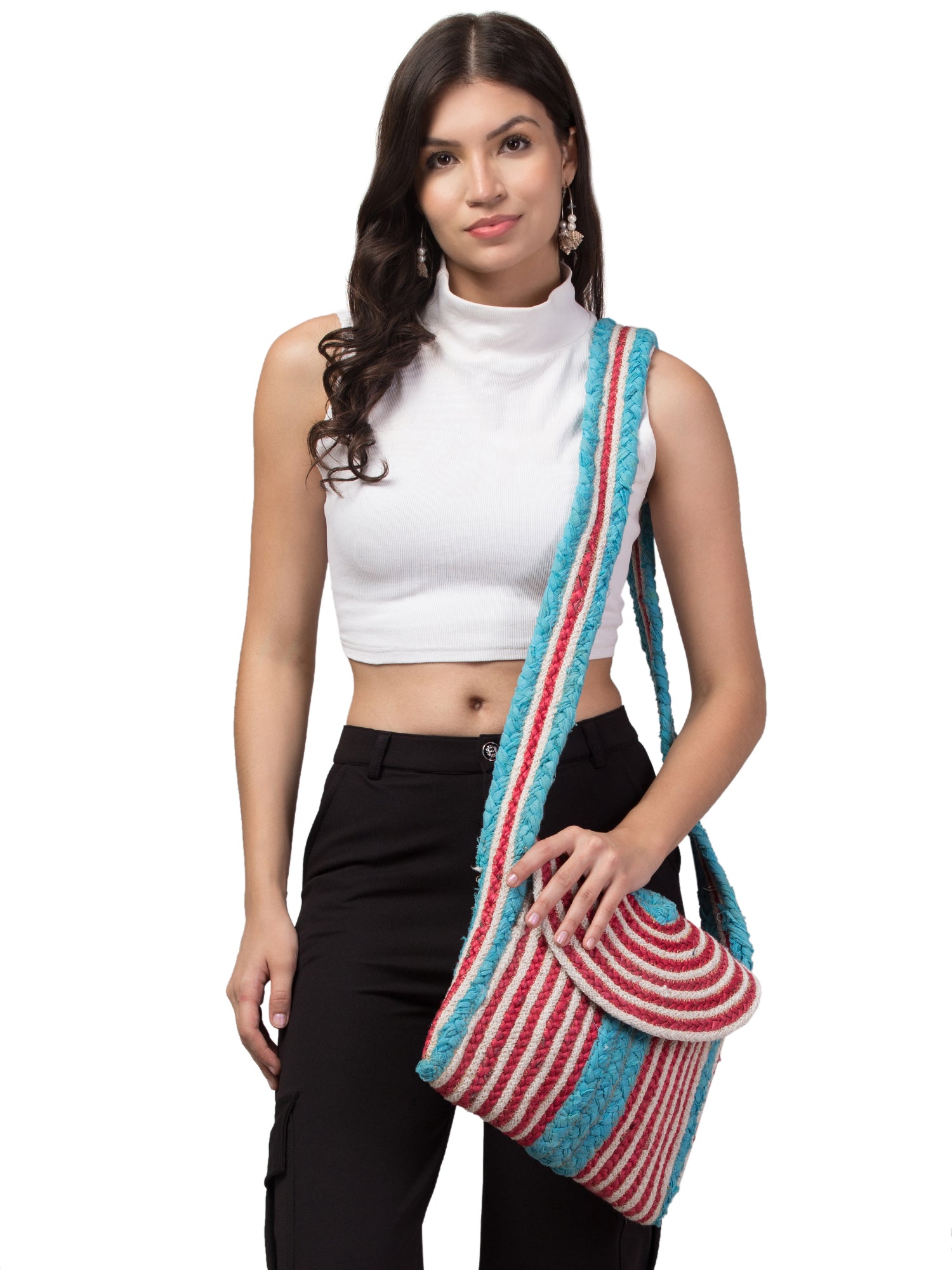 Vivre Dara Flap Crochet Bag featuring vibrant aqua, red, and white colors, showcasing intricate handmade craftsmanship and a stylish flap closure.