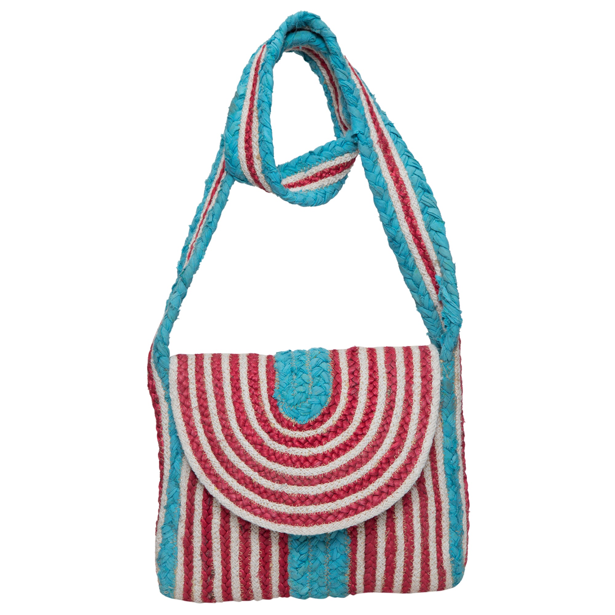 Vivre Dara Flap Crochet Bag featuring vibrant aqua, red, and white colors, showcasing intricate handmade craftsmanship and a stylish flap closure.