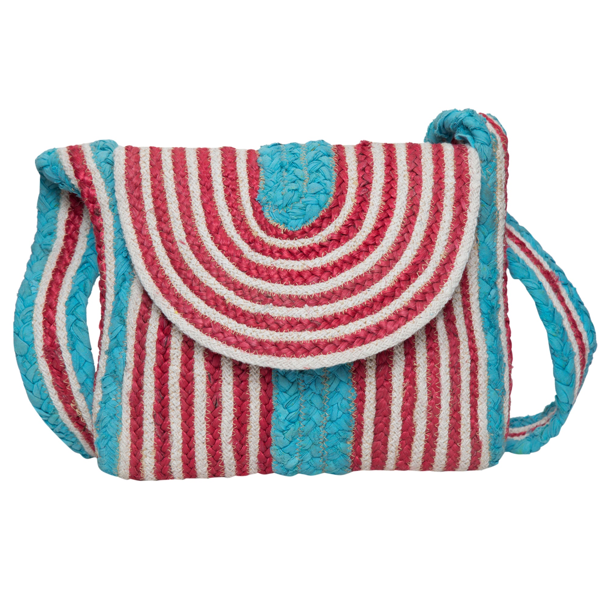 Vivre Dara Flap Crochet Bag featuring vibrant aqua, red, and white colors, showcasing intricate handmade craftsmanship and a stylish flap closure.