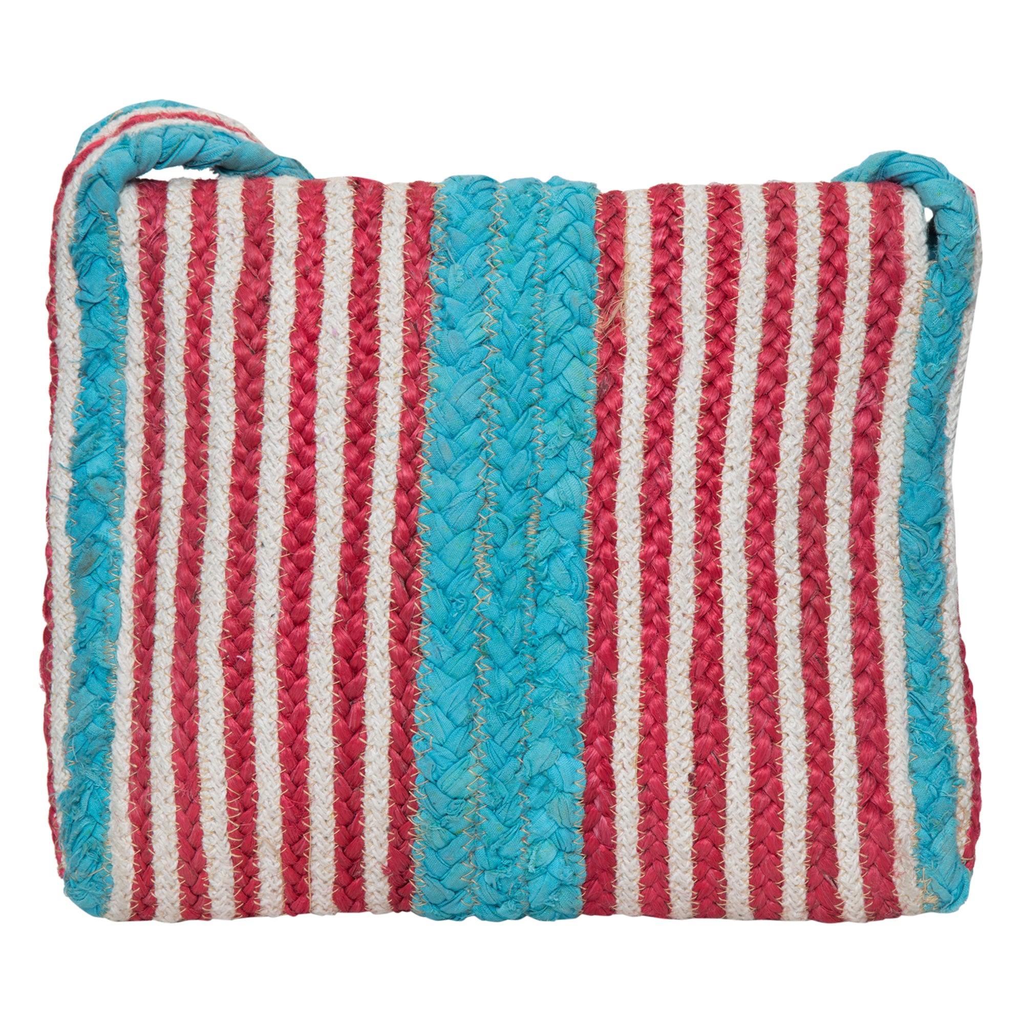 Vivre Dara Flap Crochet Bag featuring vibrant aqua, red, and white colors, showcasing intricate handmade craftsmanship and a stylish flap closure.