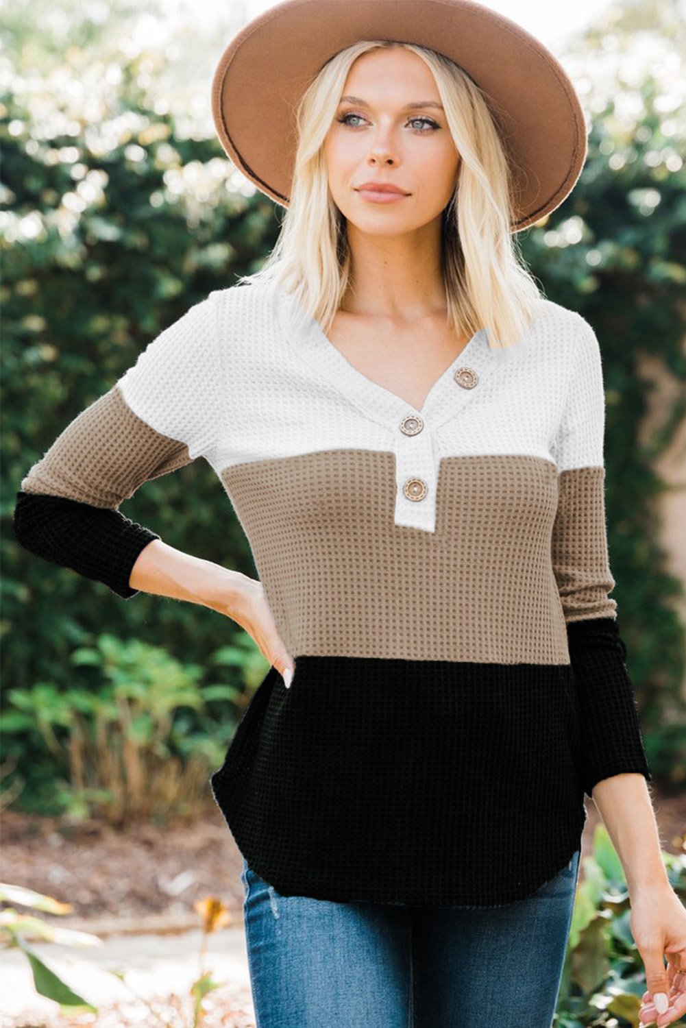 V-neck Color Block Button Waffle Knit Pullover featuring a trendy three-color block design and decorative buttons at the neckline.