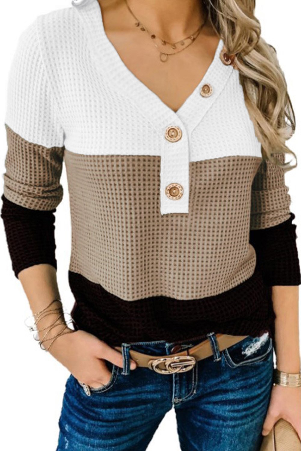 V-neck Color Block Button Waffle Knit Pullover featuring a trendy three-color block design and decorative buttons at the neckline.