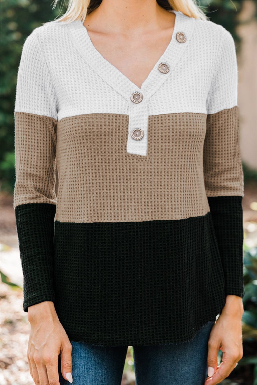 V-neck Color Block Button Waffle Knit Pullover featuring a trendy three-color block design and decorative buttons at the neckline.