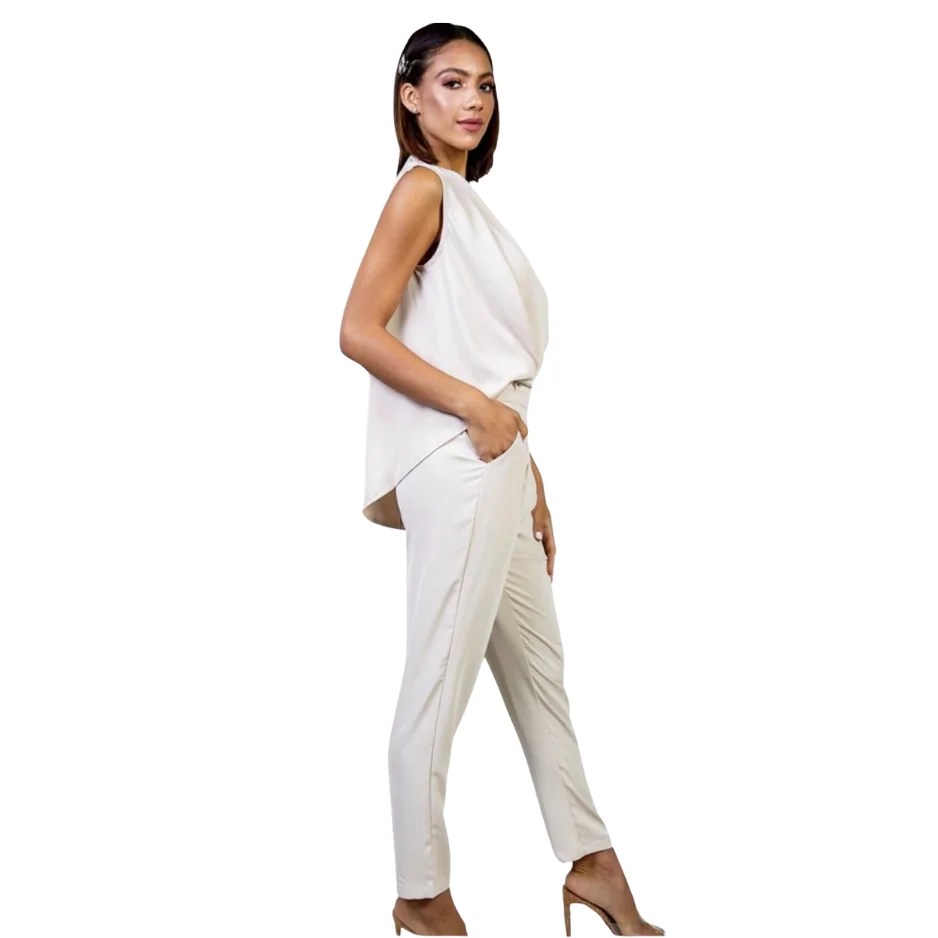 A stylish V-Neck Jumpsuit featuring a flattering mid-section fit, short sleeves, and hand pockets, perfect for parties and events.