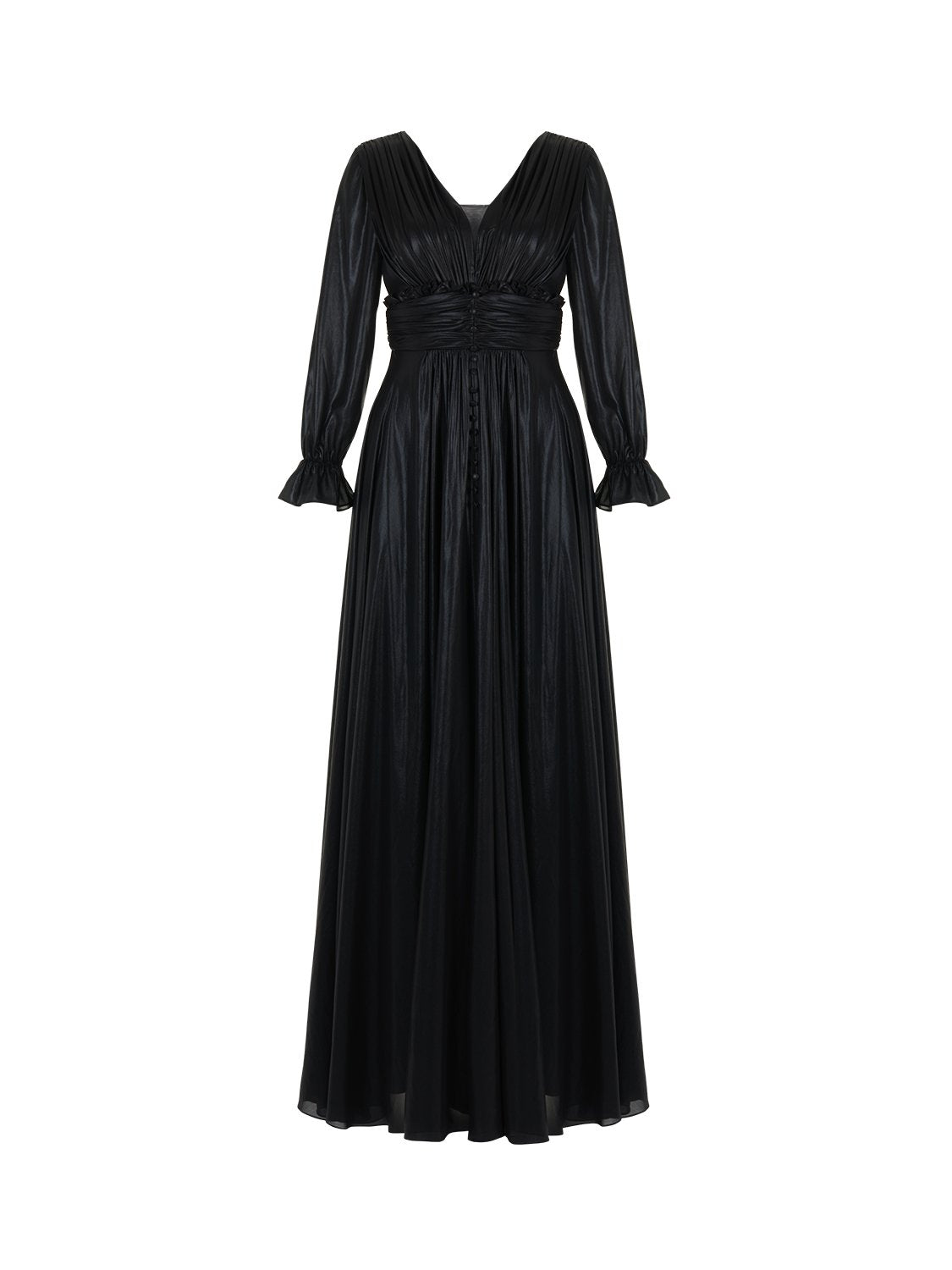 Elegant V-Neck Ruched Long Dress with long sleeves, featuring ruching details and a back zipper closure.