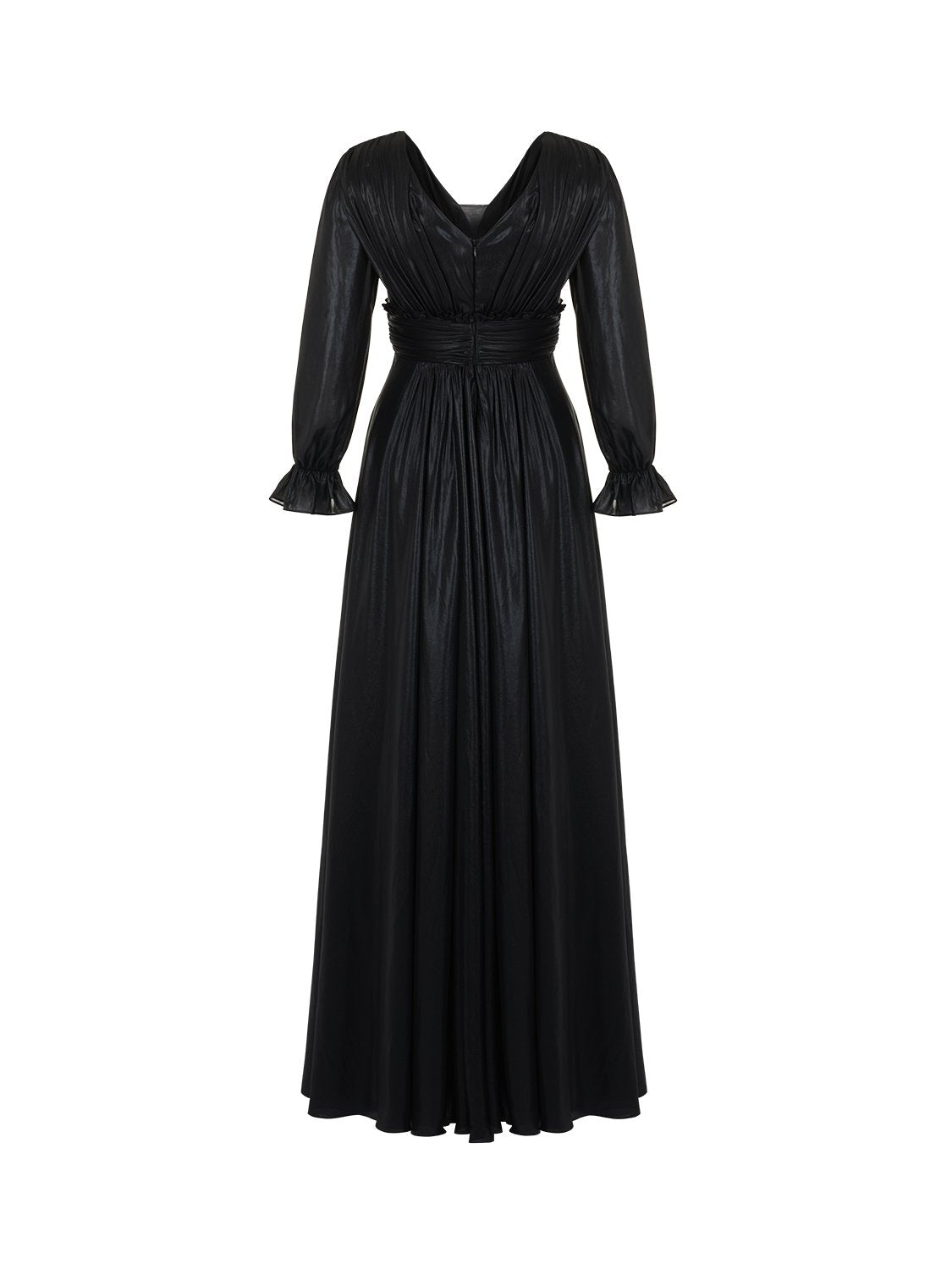 Elegant V-Neck Ruched Long Dress with long sleeves, featuring ruching details and a back zipper closure.