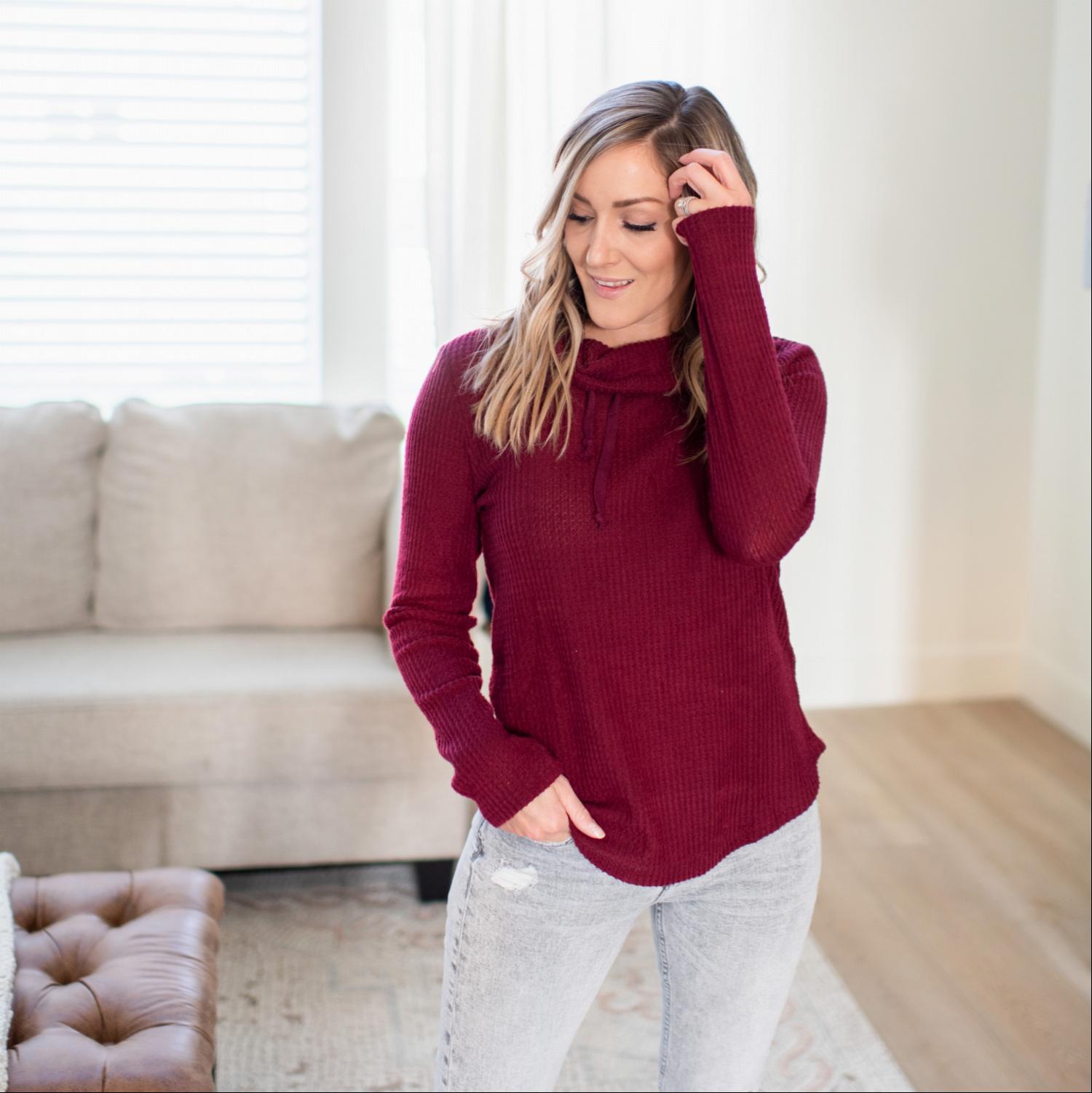 Waffle Knit Cowl Neck Long Sleeve Top in soft fabric, featuring a relaxed fit and stylish cowl neck design.