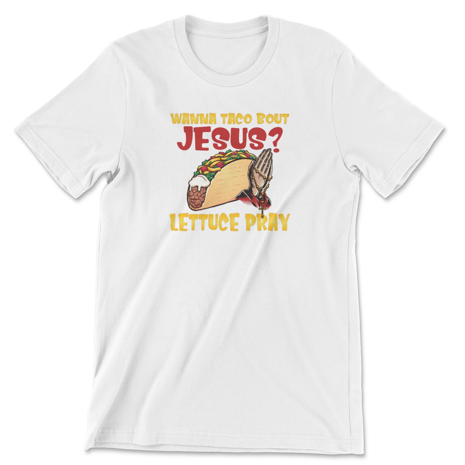 Wanna Taco bout Jesus Tee featuring a taco design with text, printed on a comfortable unisex t-shirt.