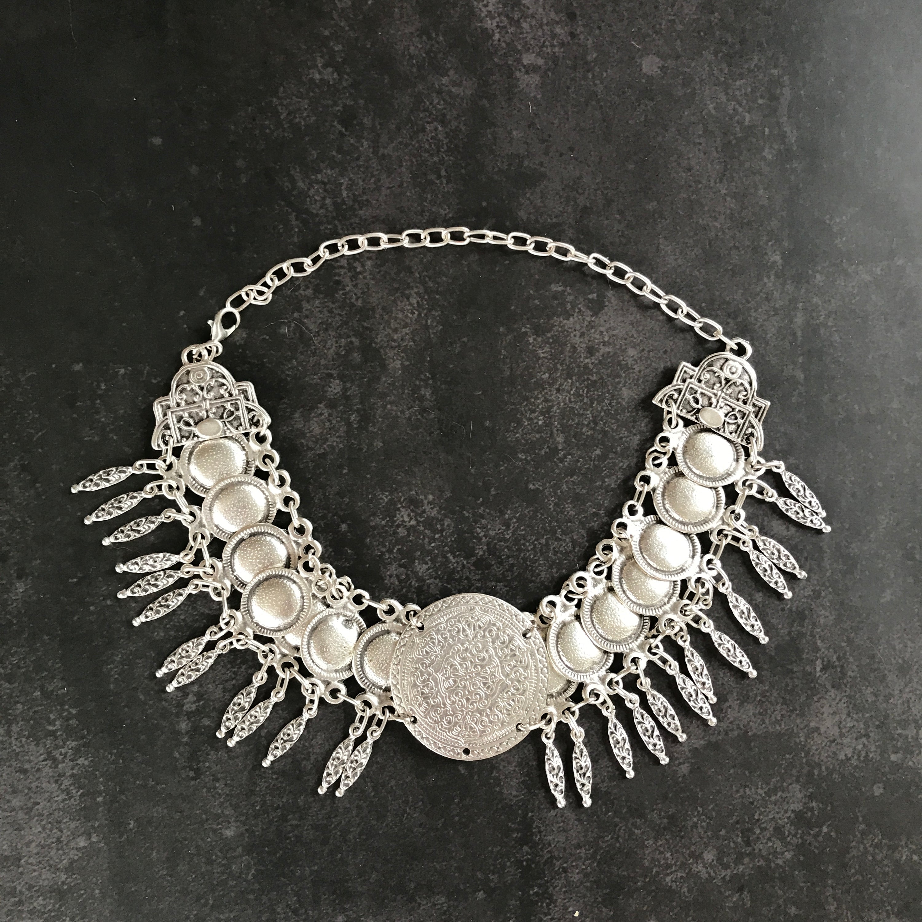 Warrior Goddess Choker featuring unique silver plated antique design with tribal patterns, adjustable for a perfect fit.