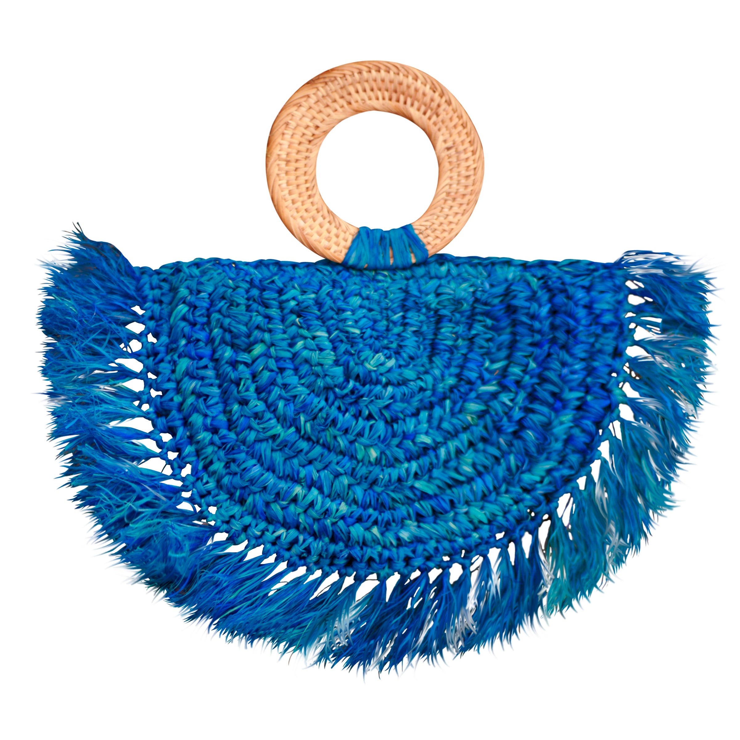 Warrior Raffia Straw Bag in Blue, handcrafted with natural Raffia straw, featuring fringes and a stylish rattan handle.