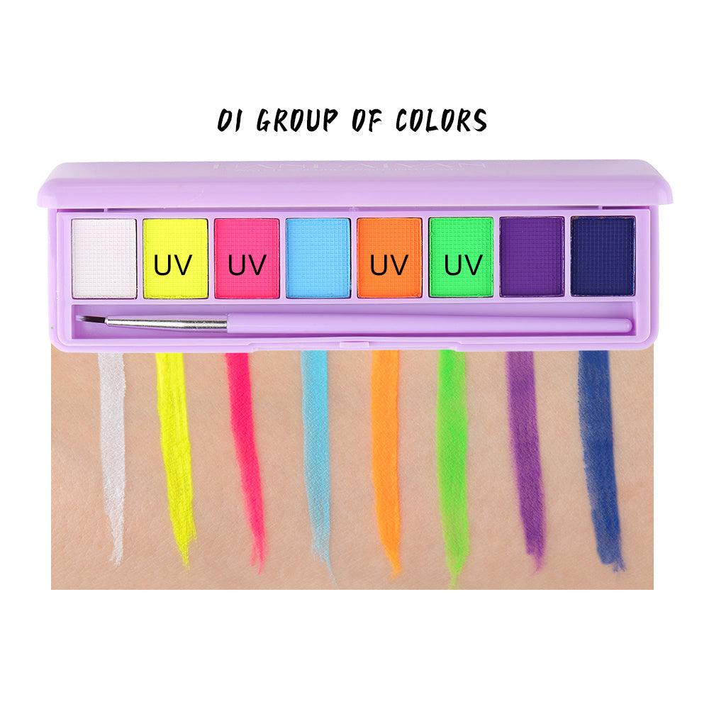 A vibrant Water Activated Eyeliner Palette featuring UV glow neon colors in a creamy format, perfect for body paint and eyeliner.