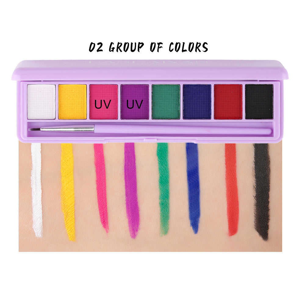 A vibrant Water Activated Eyeliner Palette featuring UV glow neon colors in a creamy format, perfect for body paint and eyeliner.