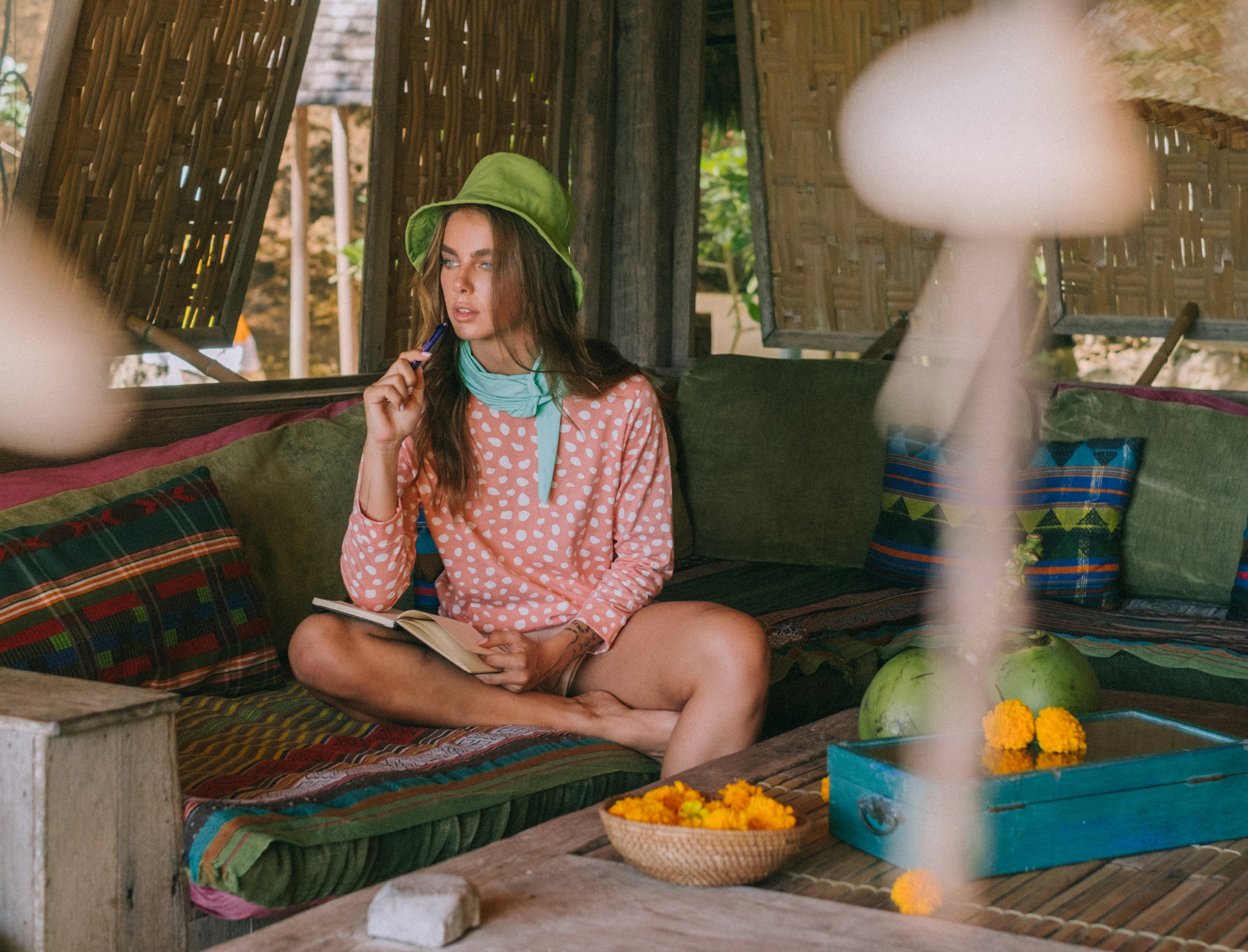 WATU Seaside Cotton Bucket Hat in vibrant lime green, showcasing its adjustable strap and soft cotton fabric, perfect for sunny days.