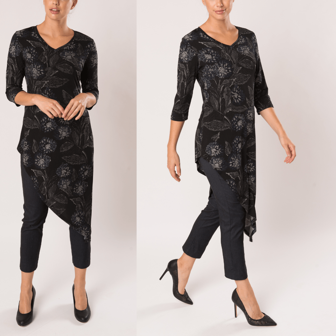 Wave Tunic Venice Print featuring floral and leaf patterns in navy, grey, and ivory, with a V-neck and three-quarter sleeves.