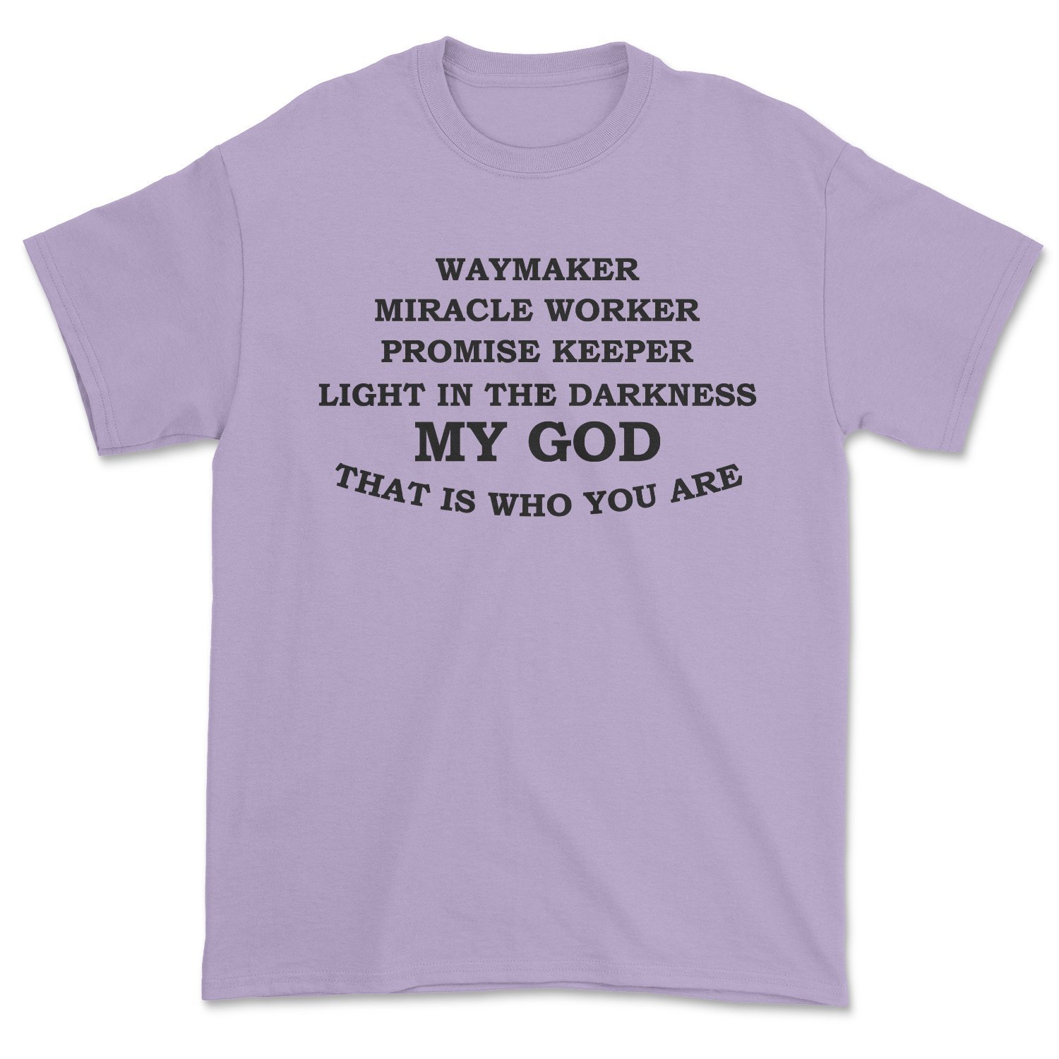 A stylish Waymaker Tee featuring an inspirational faith-based design with the text 'Waymaker, Miracle Worker, Promise Keeper, Light in the Darkness'.