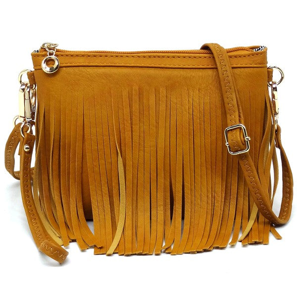 Western Fringe Clutch Cross Body Bag in faux leather with fringe detailing and gold-tone hardware.