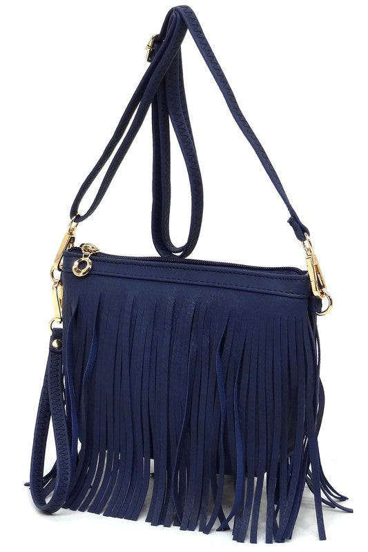 Western Fringe Clutch Cross Body Bag in faux leather with fringe detailing and gold-tone hardware.