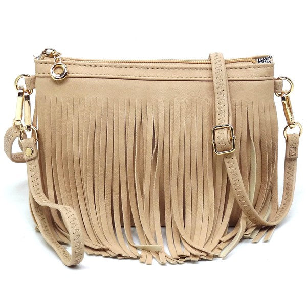 Western Fringe Clutch Cross Body Bag in faux leather with fringe detailing and gold-tone hardware.