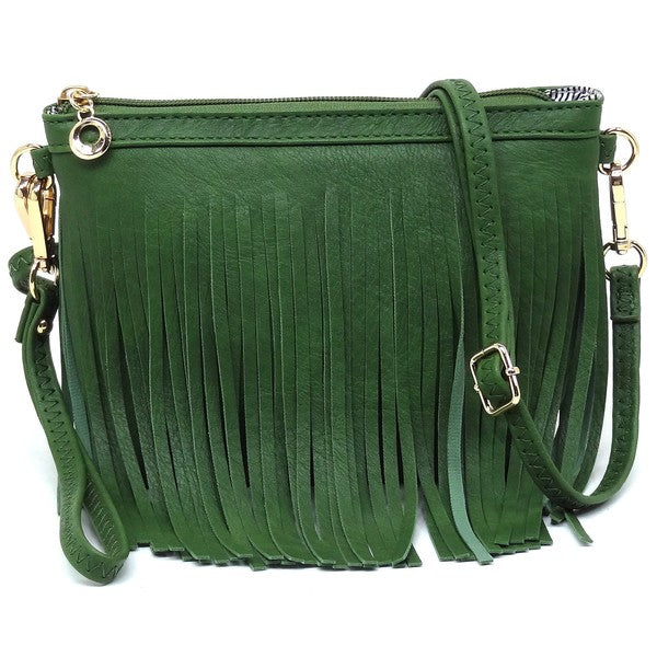 Western Fringe Clutch Cross Body Bag in faux leather with fringe detailing and gold-tone hardware.