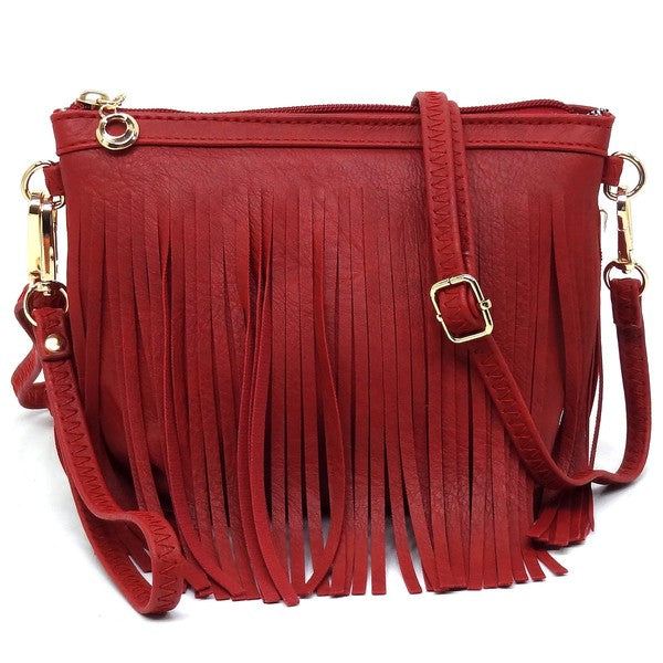 Western Fringe Clutch Cross Body Bag in faux leather with fringe detailing and gold-tone hardware.