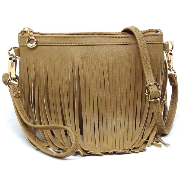 Western Fringe Clutch Cross Body Bag in faux leather with fringe detailing and gold-tone hardware.