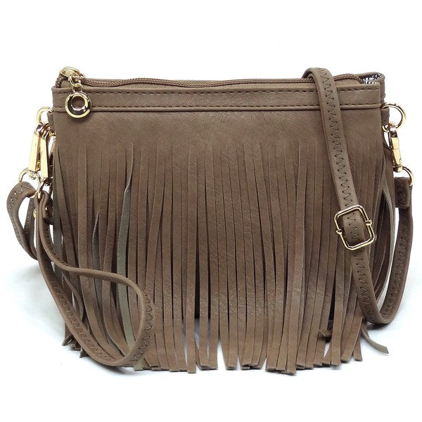 Western Fringe Clutch Cross Body Bag in faux leather with fringe detailing and gold-tone hardware.