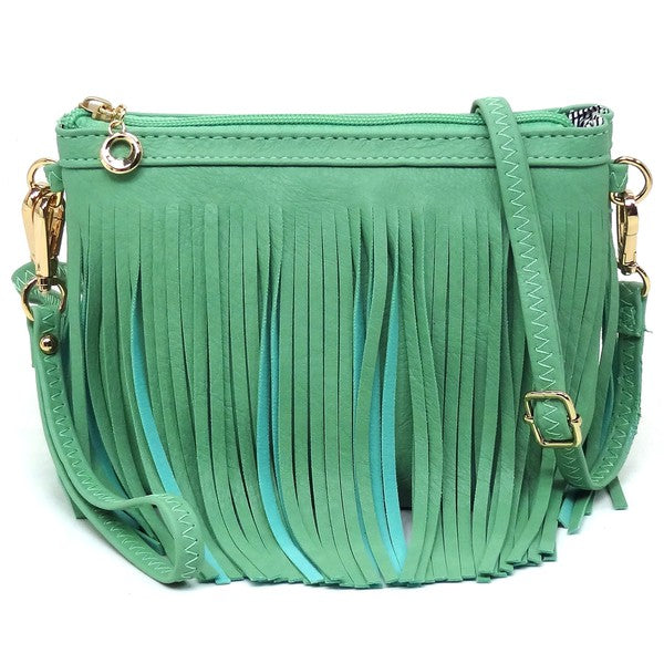 Western Fringe Clutch Cross Body Bag in faux leather with fringe detailing and gold-tone hardware.