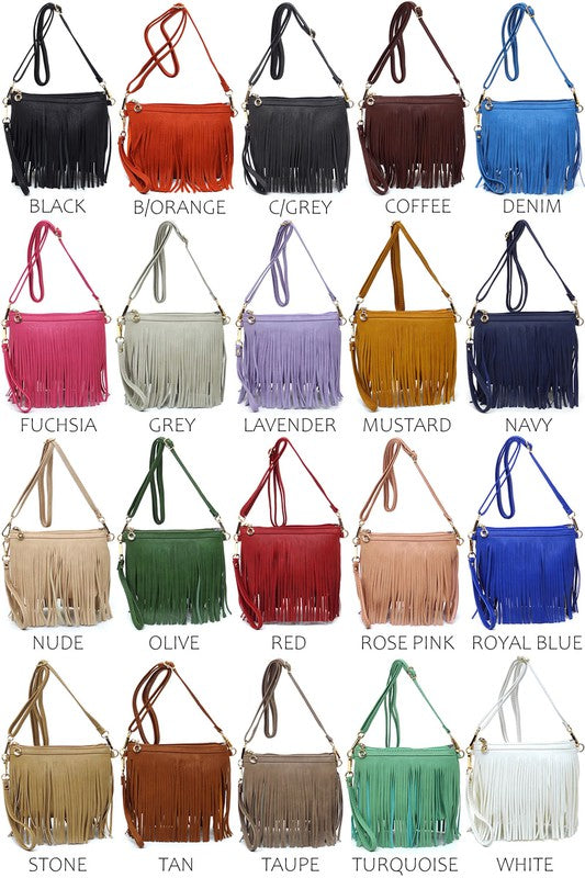 Western Fringe Clutch Cross Body Bag in faux leather with fringe detailing and gold-tone hardware.