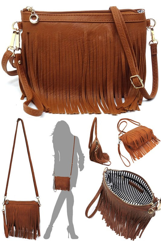 Western Fringe Clutch Cross Body Bag in faux leather with fringe detailing and gold-tone hardware.