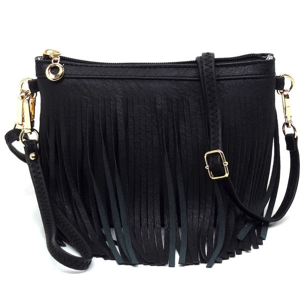 Western Fringe Clutch Cross Body Bag in faux leather with fringe detailing and gold-tone hardware.