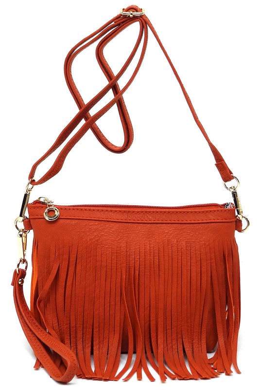 Western Fringe Clutch Cross Body Bag in faux leather with fringe detailing and gold-tone hardware.