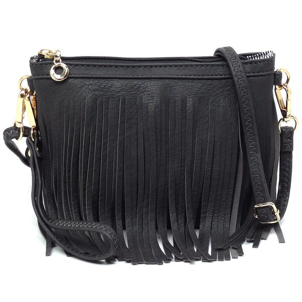 Western Fringe Clutch Cross Body Bag in faux leather with fringe detailing and gold-tone hardware.