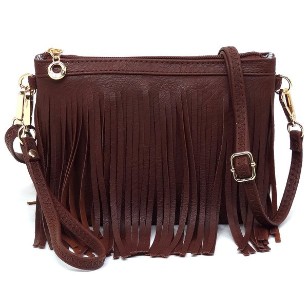 Western Fringe Clutch Cross Body Bag in faux leather with fringe detailing and gold-tone hardware.