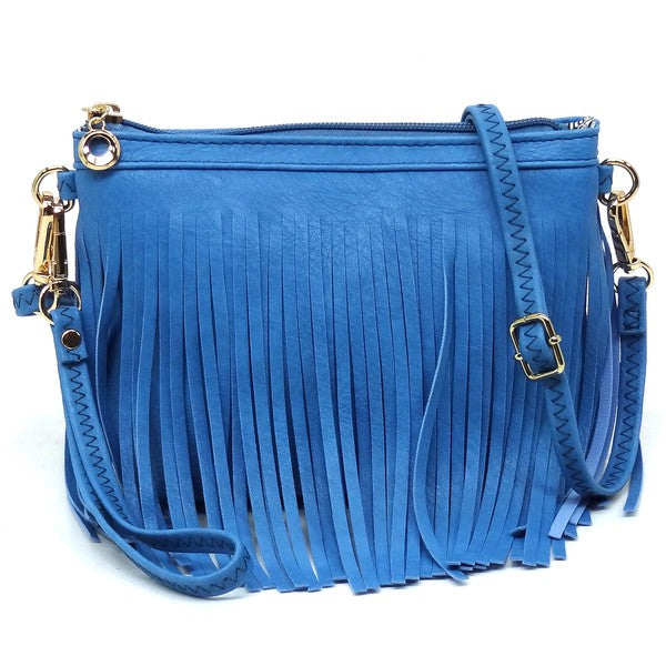 Western Fringe Clutch Cross Body Bag in faux leather with fringe detailing and gold-tone hardware.